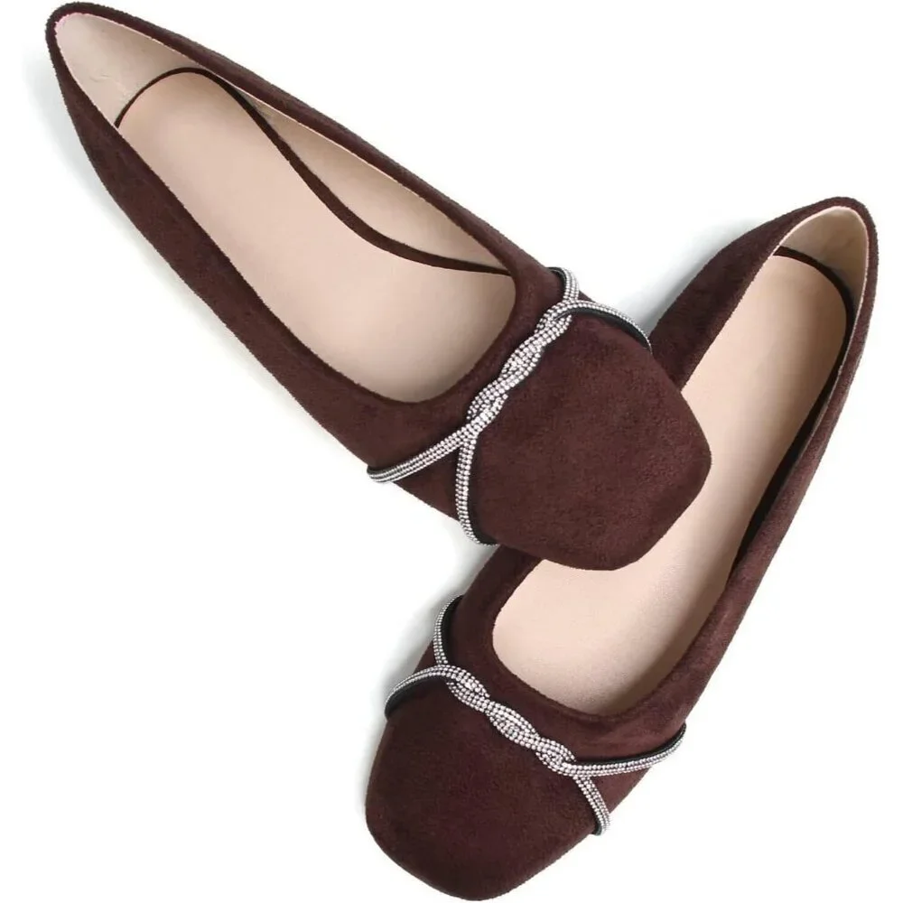 Women's Brown Suede Casual Fashion Chain Pointed Toe Ballet Flat Rhinestone